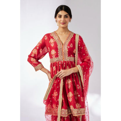 Gopi Vaid Red Samiksha Peplum Kurta with Sharara and Dupatta (Set of 3)