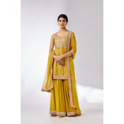 Gopi Vaid Mustard Chhaya Strappy Sharara with Kurta and Dupatta (Set of 3)