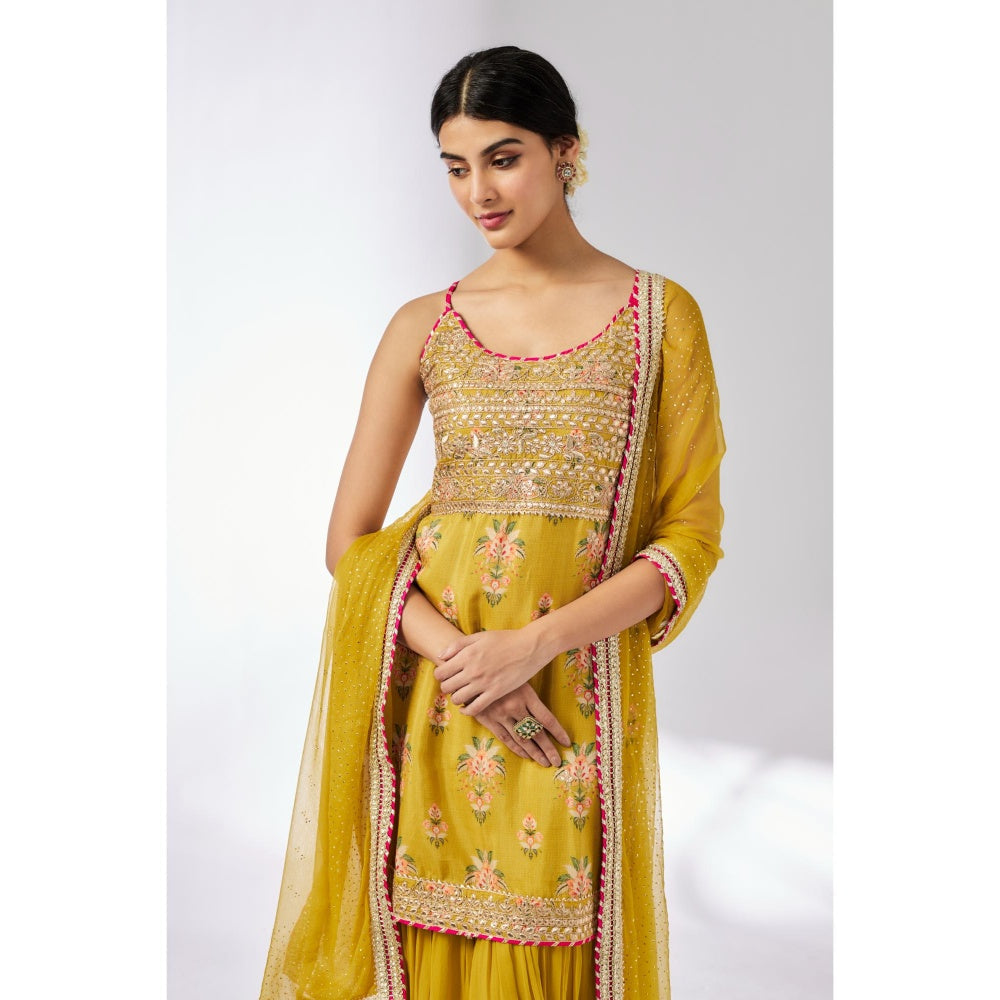 Gopi Vaid Mustard Chhaya Strappy Sharara with Kurta and Dupatta (Set of 3)