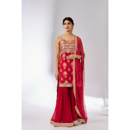 Gopi Vaid Red Chhaya Strappy Sharara with Kurta and Dupatta (Set of 3)