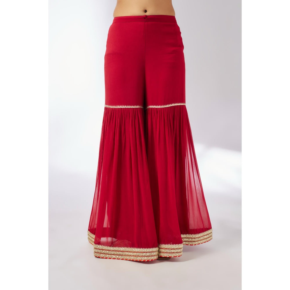 Gopi Vaid Red Chhaya Strappy Sharara with Kurta and Dupatta (Set of 3)