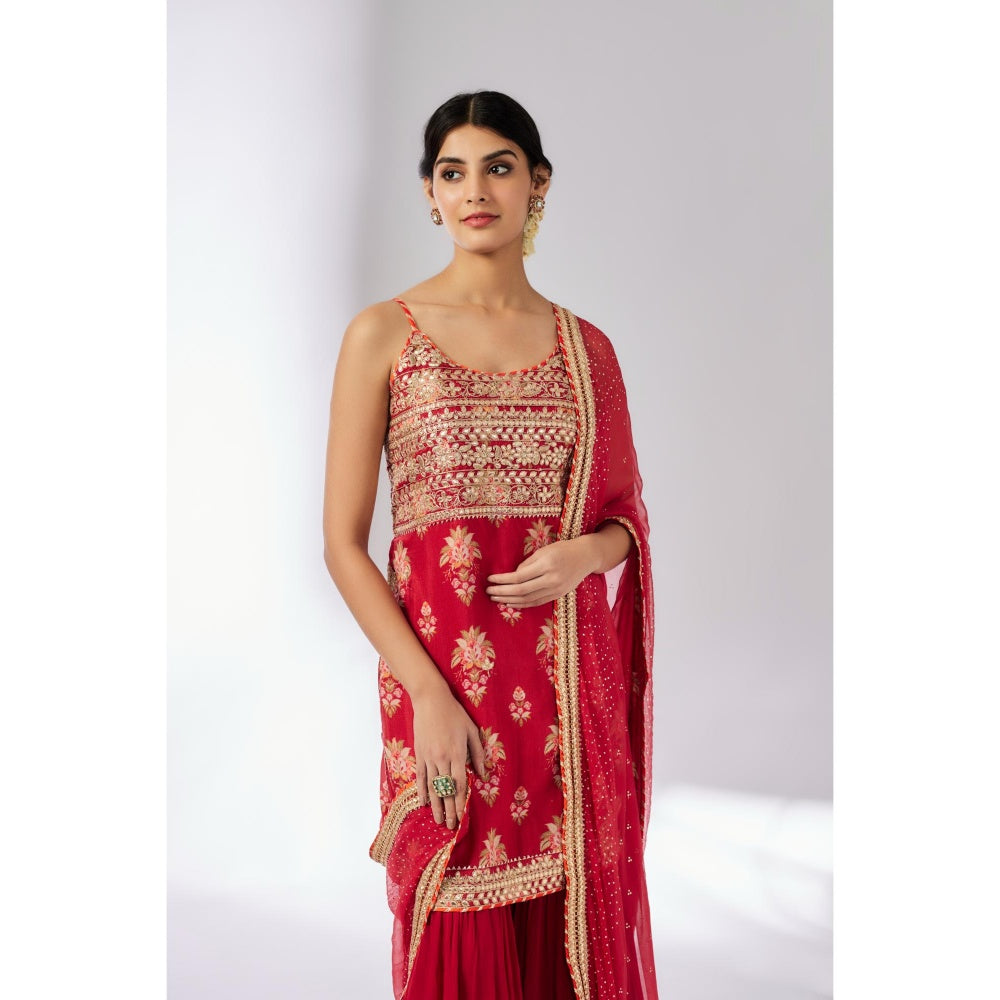 Gopi Vaid Red Chhaya Strappy Sharara with Kurta and Dupatta (Set of 3)