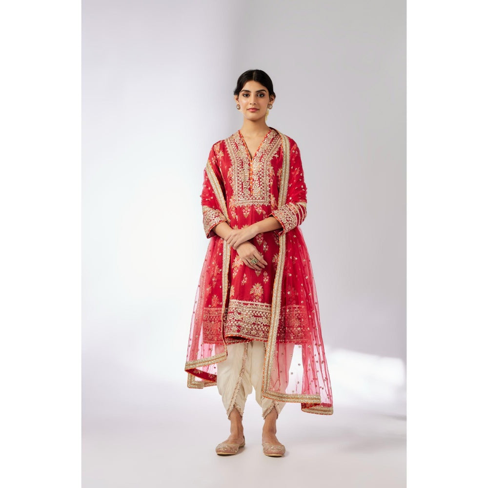 Gopi Vaid Red Ekta Dhoti with Kurta and Dupatta (Set of 3)