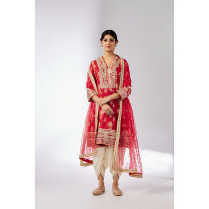 Gopi Vaid Red Ekta Dhoti with Kurta and Dupatta (Set of 3)