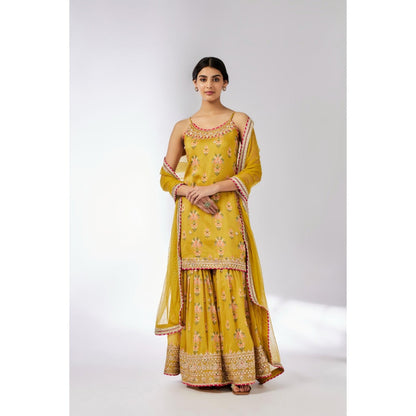 Gopi Vaid Mustard Advika Strappy Sharara with Kurta and Dupatta (Set of 3)