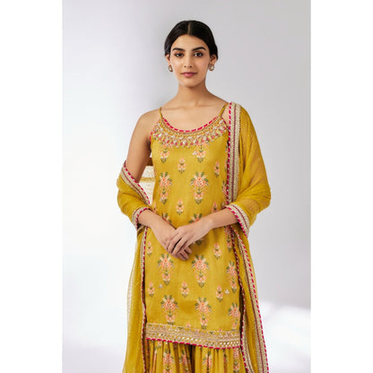 Gopi Vaid Mustard Advika Strappy Sharara with Kurta and Dupatta (Set of 3)