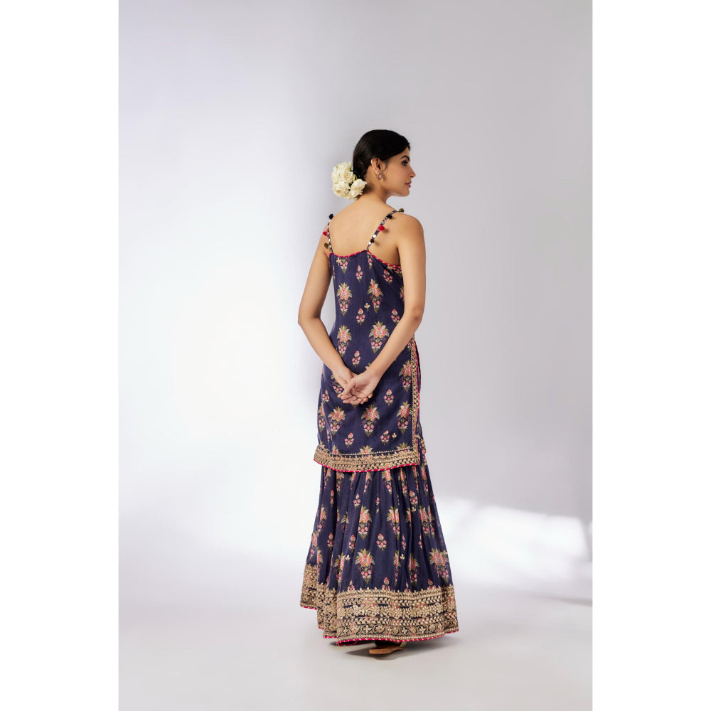 Gopi Vaid Navy Blue Advika Strappy Sharara with Kurta and Dupatta (Set of 3)