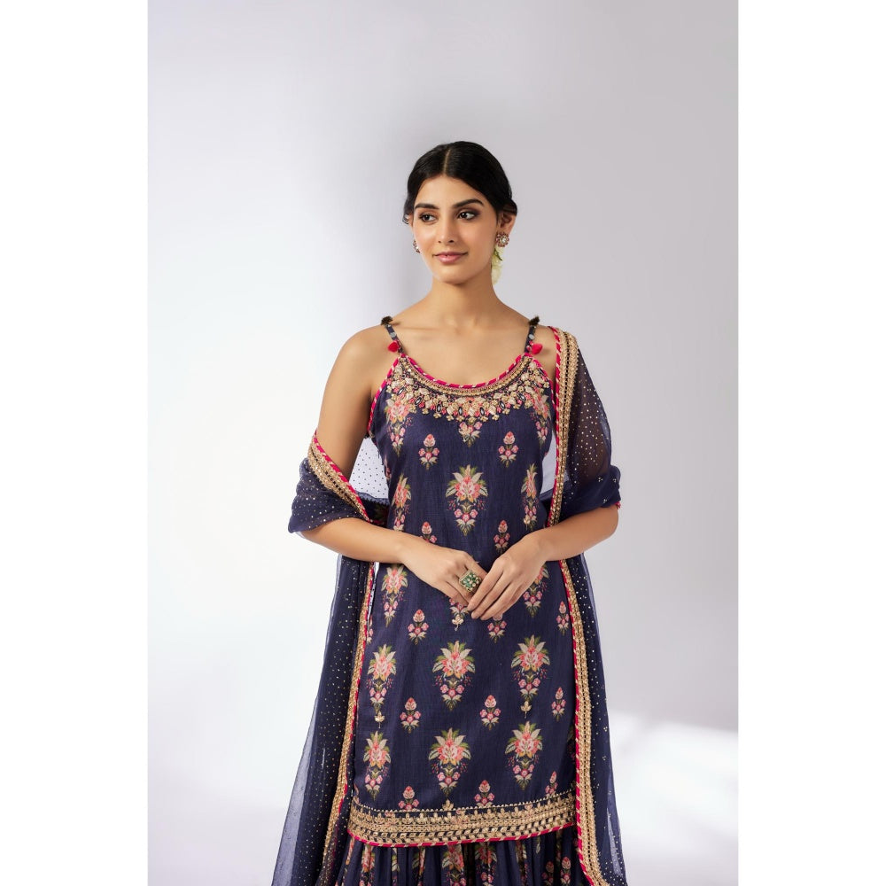 Gopi Vaid Navy Blue Advika Strappy Sharara with Kurta and Dupatta (Set of 3)