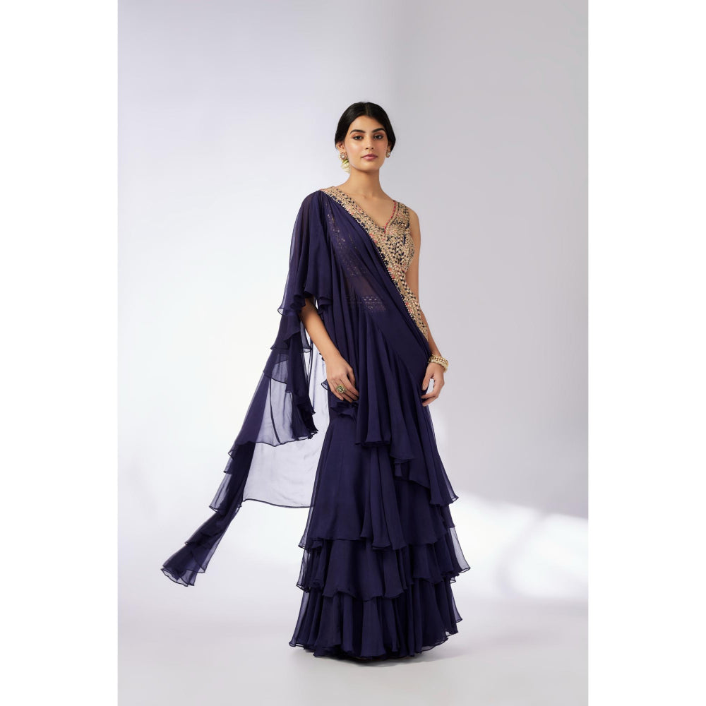 Gopi Vaid Navy Blue Shifa Pre Draped Saree with Stitched Blouse