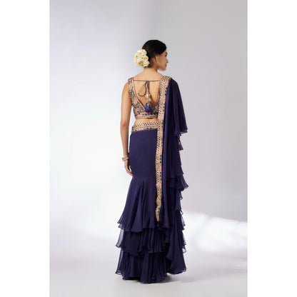 Gopi Vaid Navy Blue Shifa Pre Draped Saree with Stitched Blouse