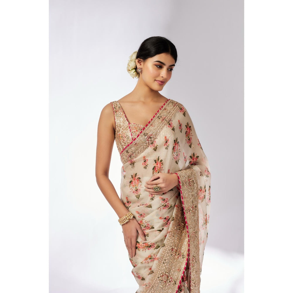 Gopi Vaid Ivory Mahira Saree with Stitched Blouse