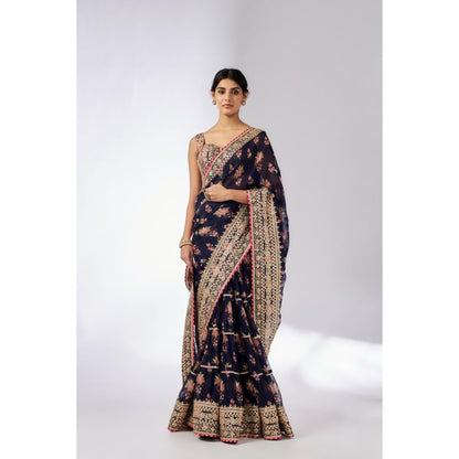 Gopi Vaid Navy Blue Mahira Saree with Stitched Blouse