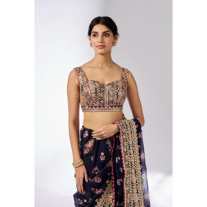 Gopi Vaid Navy Blue Mahira Saree with Stitched Blouse