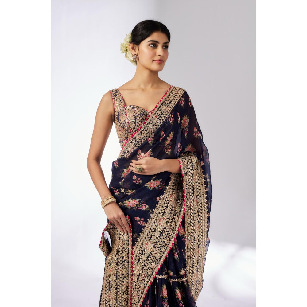 Gopi Vaid Navy Blue Mahira Saree with Stitched Blouse