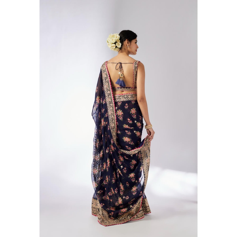 Gopi Vaid Navy Blue Mahira Saree with Stitched Blouse