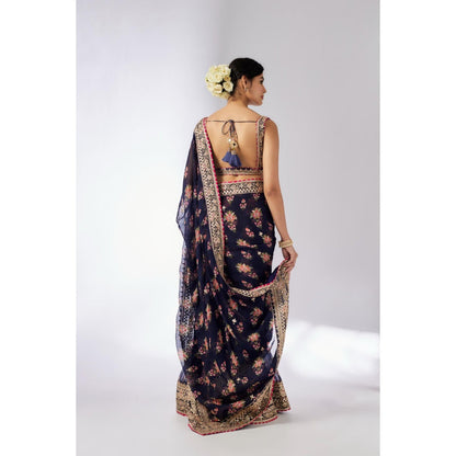 Gopi Vaid Navy Blue Mahira Saree with Stitched Blouse