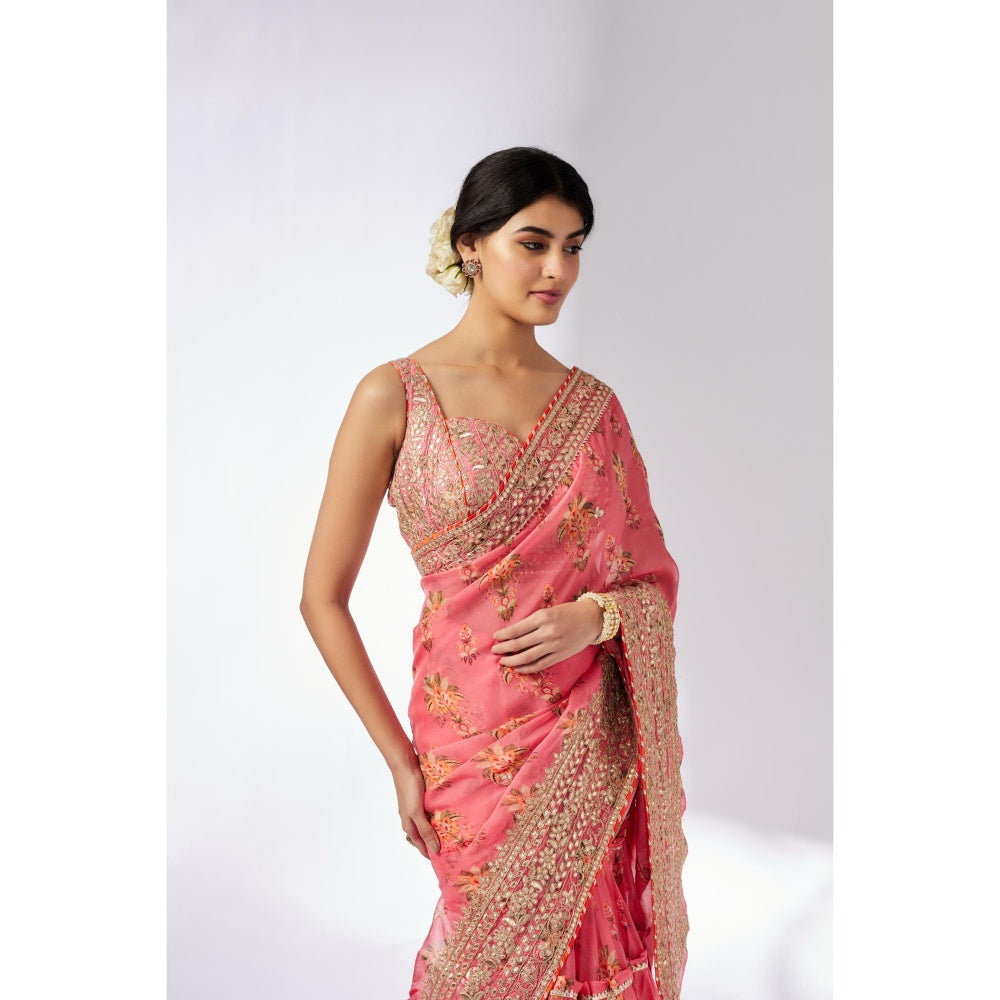 Gopi Vaid Pink Mahira Saree with Stitched Blouse