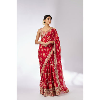 Gopi Vaid Red Mahira Saree with Stitched Blouse