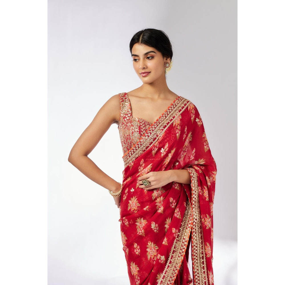 Gopi Vaid Red Mahira Saree with Stitched Blouse