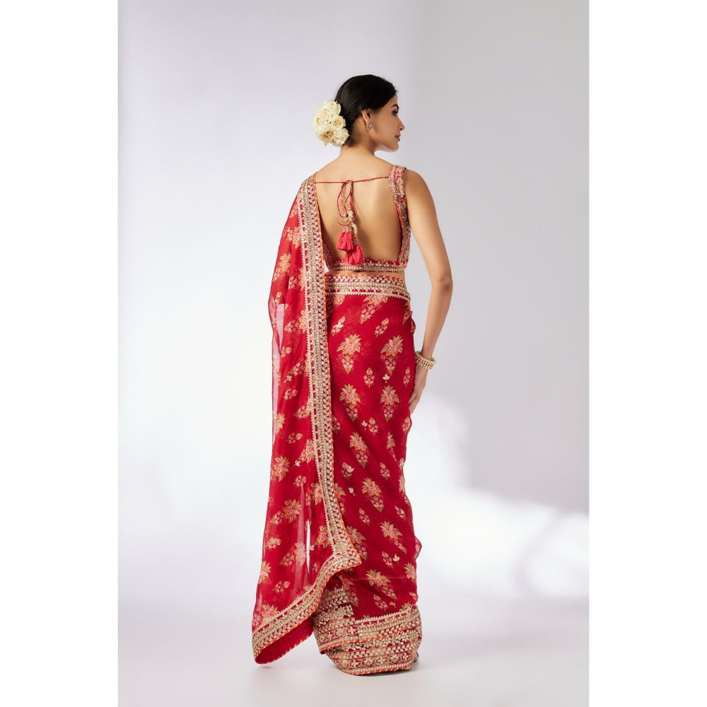 Gopi Vaid Red Mahira Saree with Stitched Blouse
