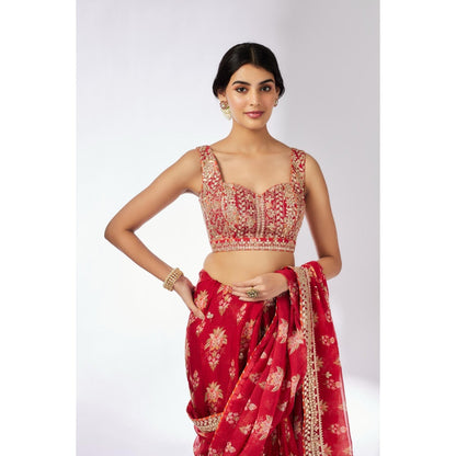 Gopi Vaid Red Mahira Saree with Stitched Blouse