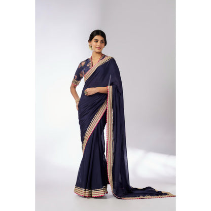 Gopi Vaid Navy Blue Anisha Saree with Stitched Blouse and Petticoat