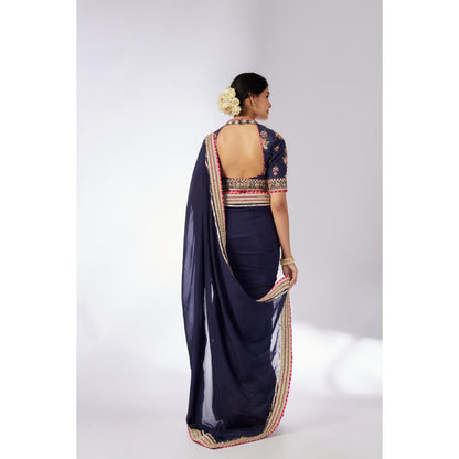 Gopi Vaid Navy Blue Anisha Saree with Stitched Blouse and Petticoat