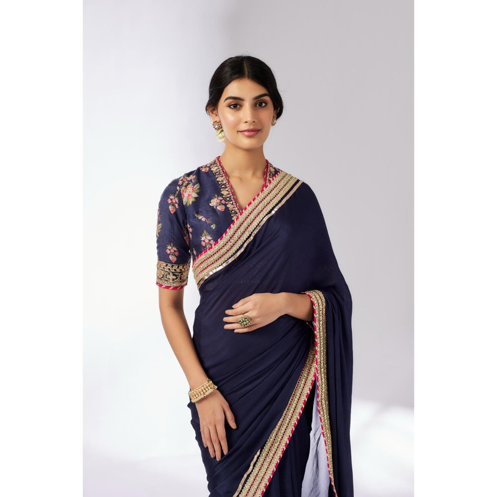 Gopi Vaid Navy Blue Anisha Saree with Stitched Blouse and Petticoat