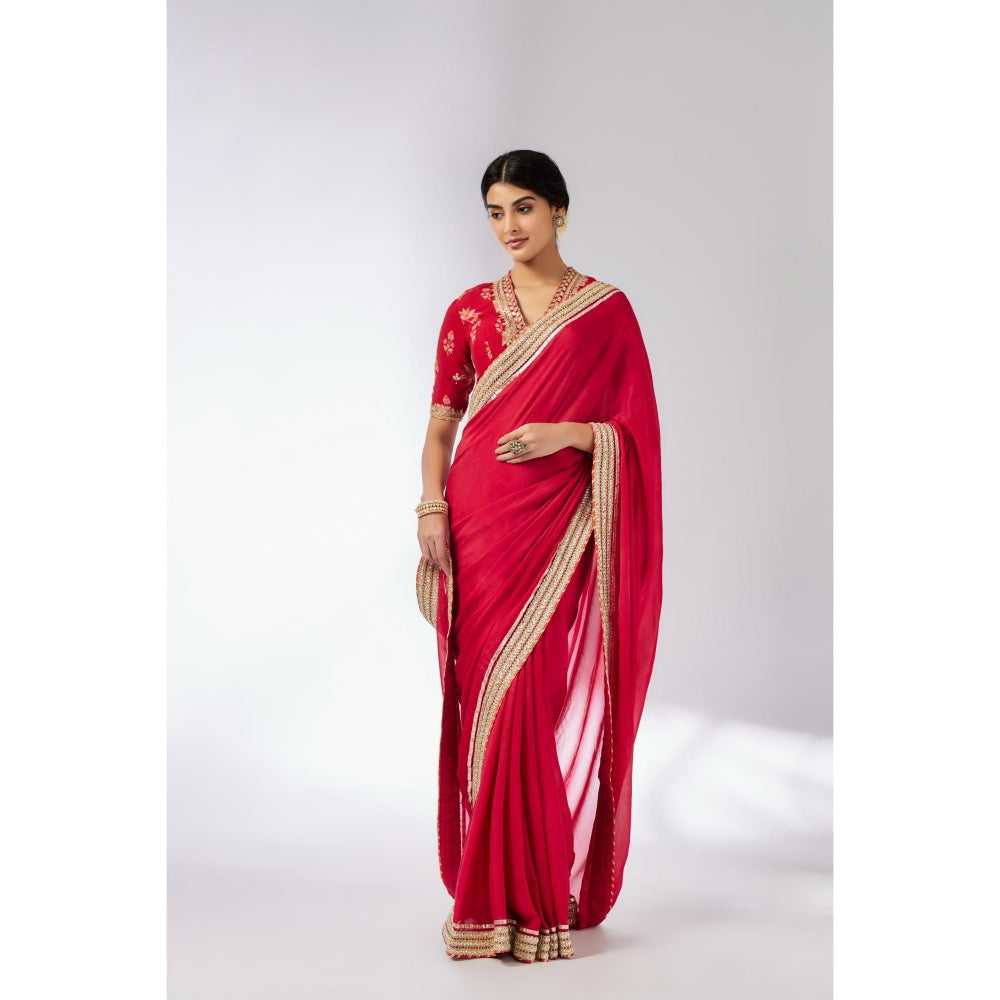 Gopi Vaid Red Anisha Saree with Stitched Blouse and Petticoat
