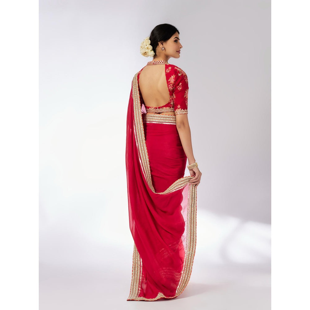 Gopi Vaid Red Anisha Saree with Stitched Blouse and Petticoat
