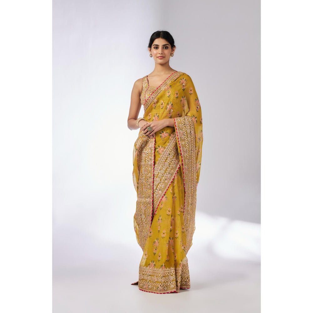 Gopi Vaid Mustard Masoom Saree with Stitched Blouse and Petticoat