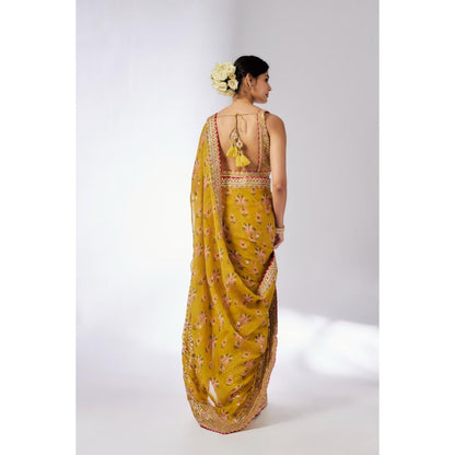 Gopi Vaid Mustard Masoom Saree with Stitched Blouse and Petticoat