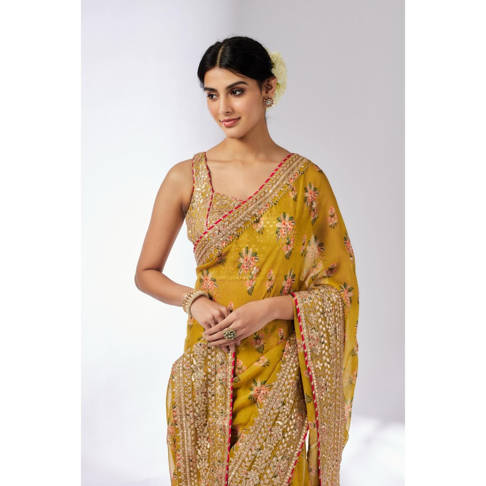 Gopi Vaid Mustard Masoom Saree with Stitched Blouse and Petticoat