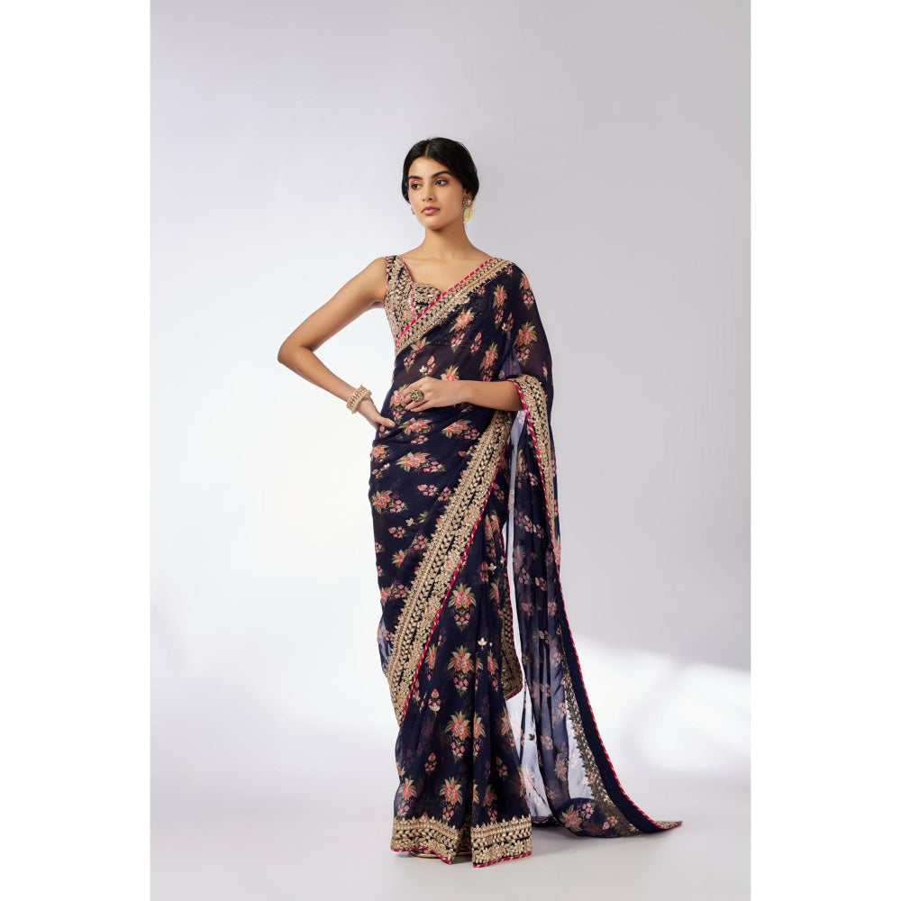 Gopi Vaid Navy Blue Masoom Saree with Stitched Blouse and Petticoat
