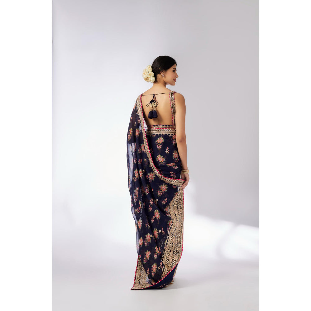 Gopi Vaid Navy Blue Masoom Saree with Stitched Blouse and Petticoat