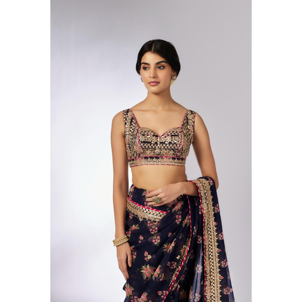 Gopi Vaid Navy Blue Masoom Saree with Stitched Blouse and Petticoat