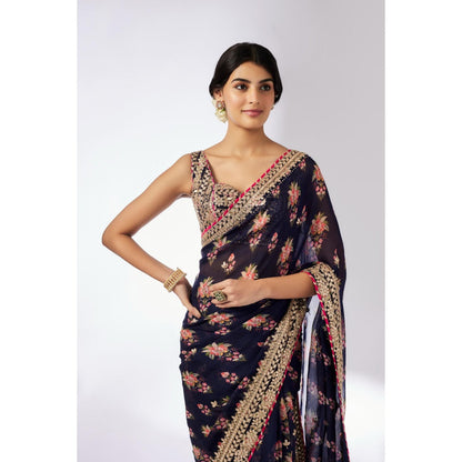 Gopi Vaid Navy Blue Masoom Saree with Stitched Blouse and Petticoat