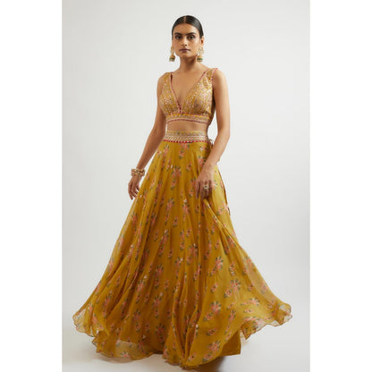 Gopi Vaid Mustard Esha Lehenga with Blouse and Dupatta (Set of 3)