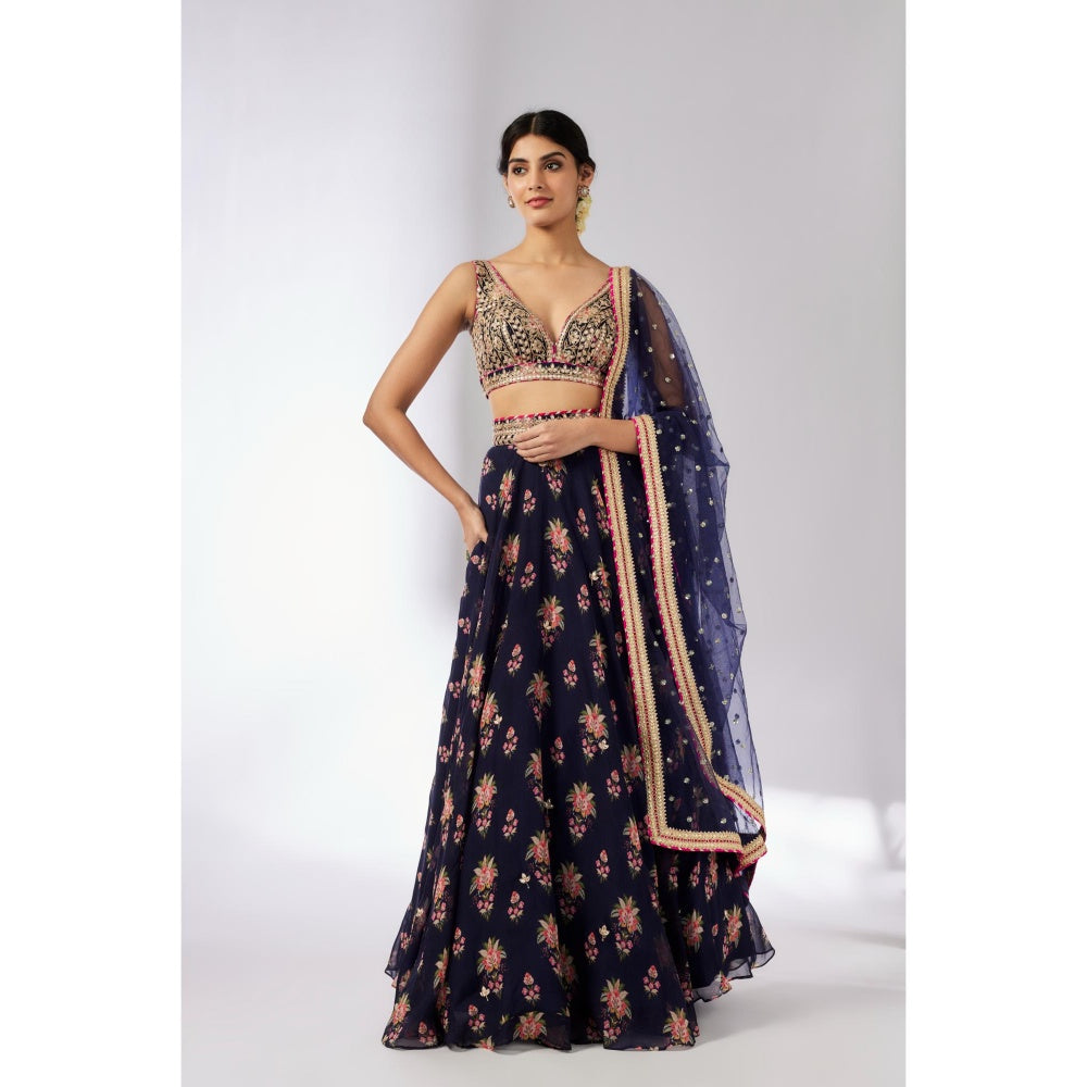 Gopi Vaid Navy Blue Esha Lehenga with Blouse and Dupatta (Set of 3)