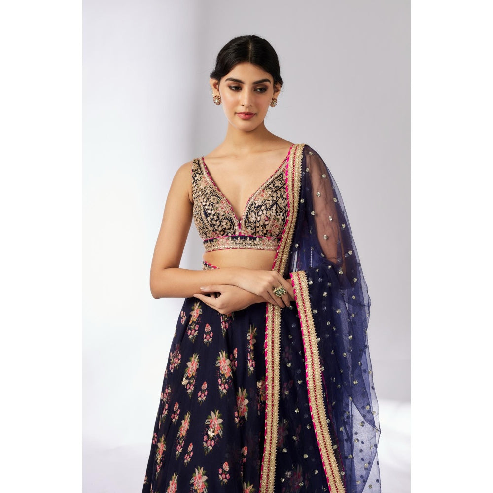 Gopi Vaid Navy Blue Esha Lehenga with Blouse and Dupatta (Set of 3)