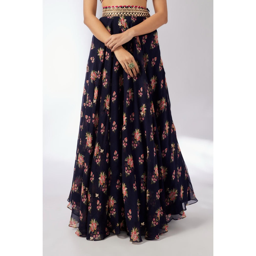 Gopi Vaid Navy Blue Esha Lehenga with Blouse and Dupatta (Set of 3)