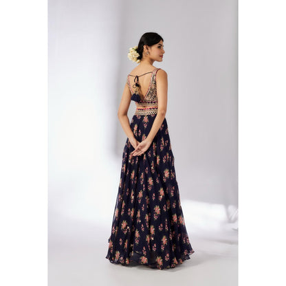 Gopi Vaid Navy Blue Esha Lehenga with Blouse and Dupatta (Set of 3)