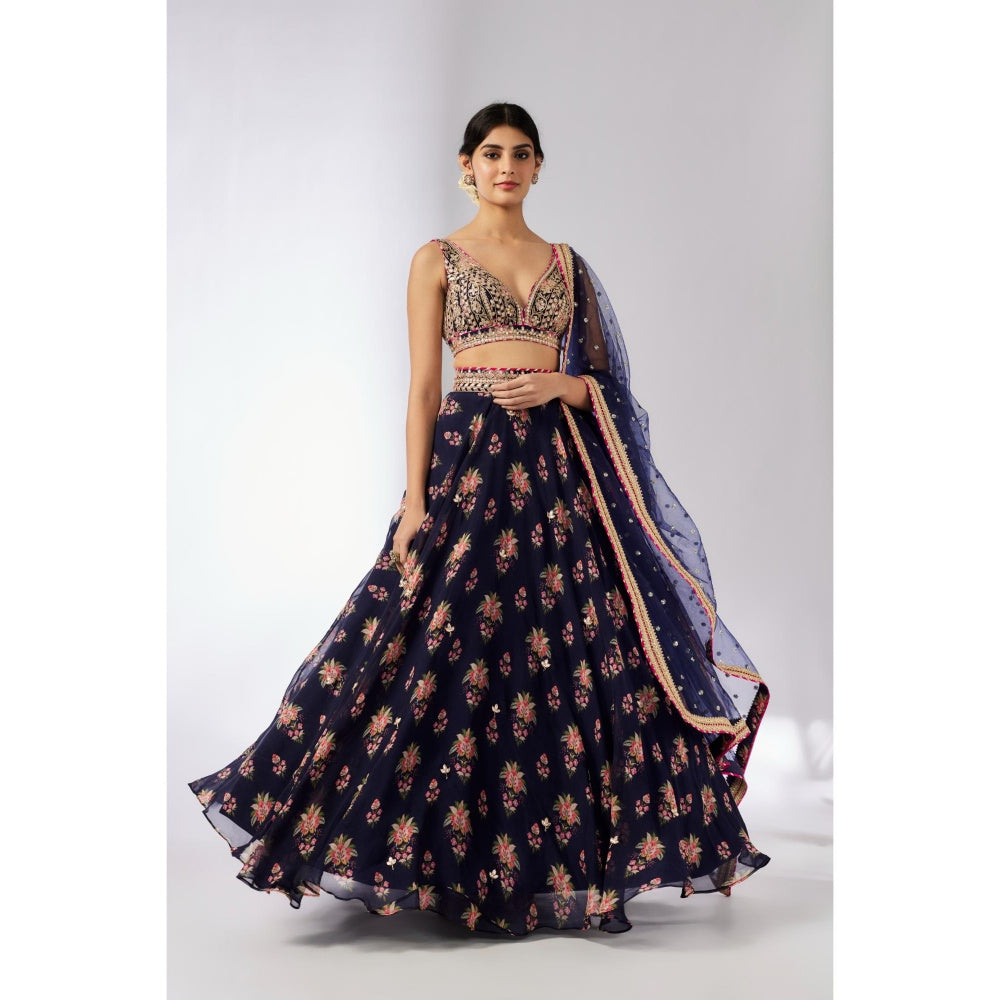 Gopi Vaid Navy Blue Esha Lehenga with Blouse and Dupatta (Set of 3)