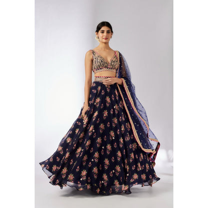 Gopi Vaid Navy Blue Esha Lehenga with Blouse and Dupatta (Set of 3)