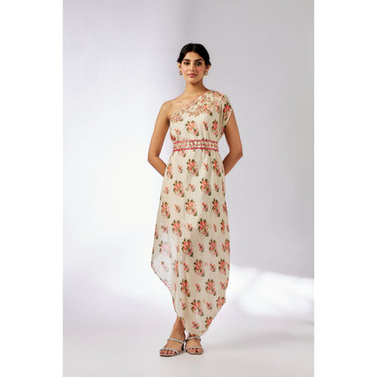 Gopi Vaid Ivory Zoya Midi Dress with Belt (Set of 2)