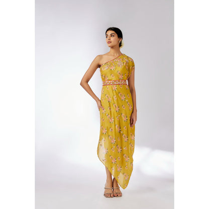 Gopi Vaid Mustard Zoya Midi Dress with Belt (Set of 2)