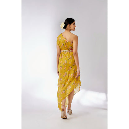 Gopi Vaid Mustard Zoya Midi Dress with Belt (Set of 2)
