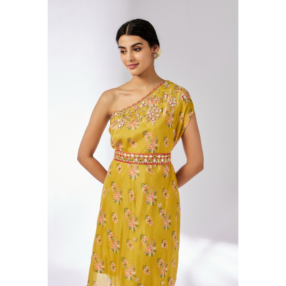Gopi Vaid Mustard Zoya Midi Dress with Belt (Set of 2)