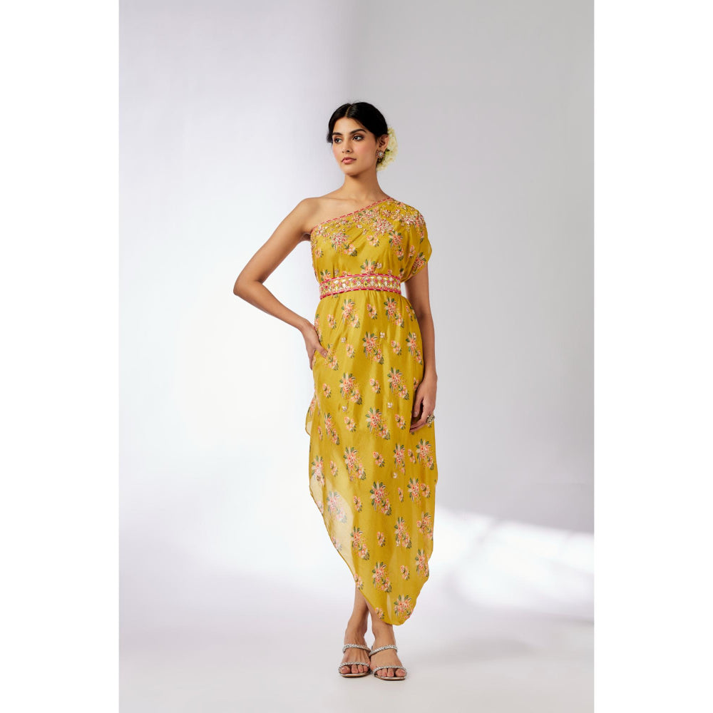 Gopi Vaid Mustard Zoya Midi Dress with Belt (Set of 2)