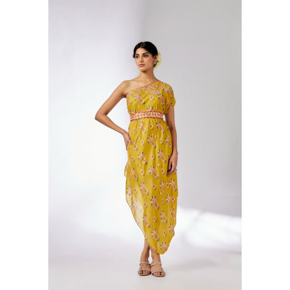 Gopi Vaid Mustard Zoya Midi Dress with Belt (Set of 2)